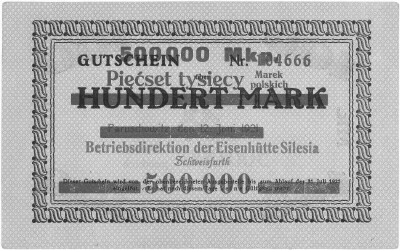 Paruszowiec koło Rybnika (Paruschowitz) 500.000 marek- przedruk na banknocie 100 marek 12.06.1921 wydane przez Hutę Silesia, Meyer-
